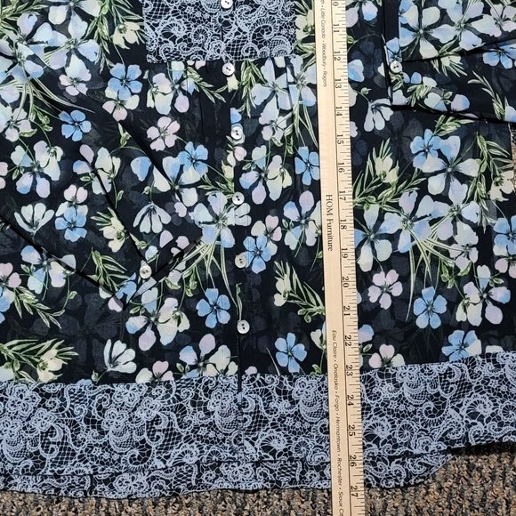 J. JILL Floral Lace Print Button Front Blouse Sheer Long Sleeve Navy Blue Small - Picture 12 of 16